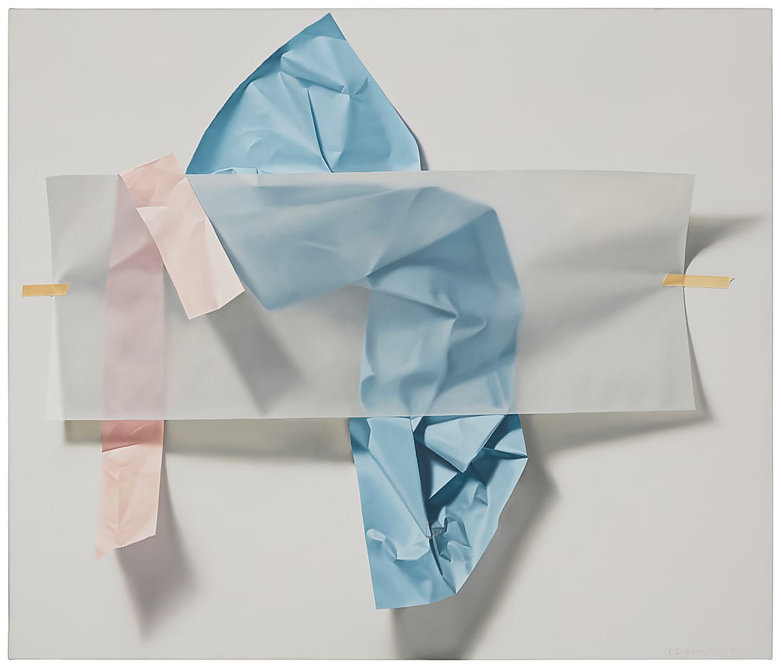 Yrjö Edelmann (1941-2016) Blue and pink paper with tape, 1981 Oil on canvas Signed and dated in: Yrjö Edelmann (1941-2016) Blue and pink paper with tape, 1981 Oil on canvas Signed and dated in pencil lower right: Y. Edelmann 81 47 1/2 x 55 1/4 in. Provenance: Property from the Anni & Arthur