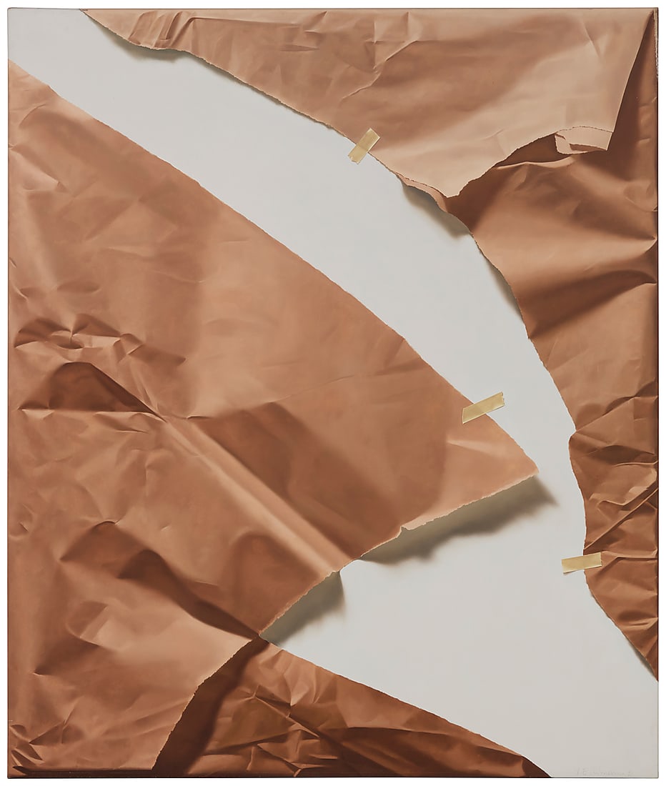 Yrjö Edelmann (1941-2016) "Unaccomplished Parcel," 1981 Oil on canvas Signed and dated in: Yrjö Edelmann (1941-2016) "Unaccomplished Parcel," 1981 Oil on canvas Signed and dated in pencil lower right: Y. Edelmann 81; titled in ink and inscribed "#5" on the stretcher 47 1/2 x 39 1/2 in. Pro