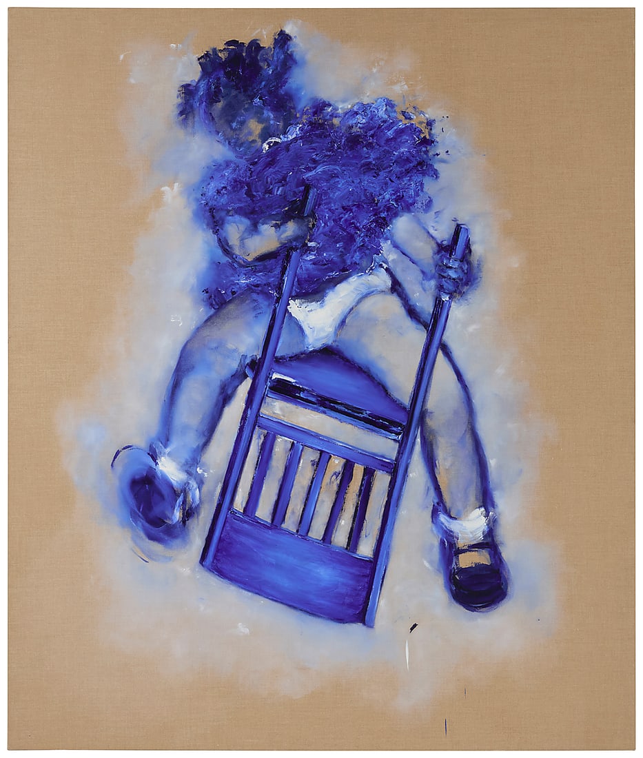 Kim Dingle (b. 1951) Untitled (Girl with chair), 1999 Oil on linen Signed and dated verso: Kim: Kim Dingle (b. 1951) Untitled (Girl with chair), 1999 Oil on linen Signed and dated verso: Kim Dingle / 1999 84 x 72 in. Provenance: Sperone Westwater, New York, NY Estate, Newport Beach, C
