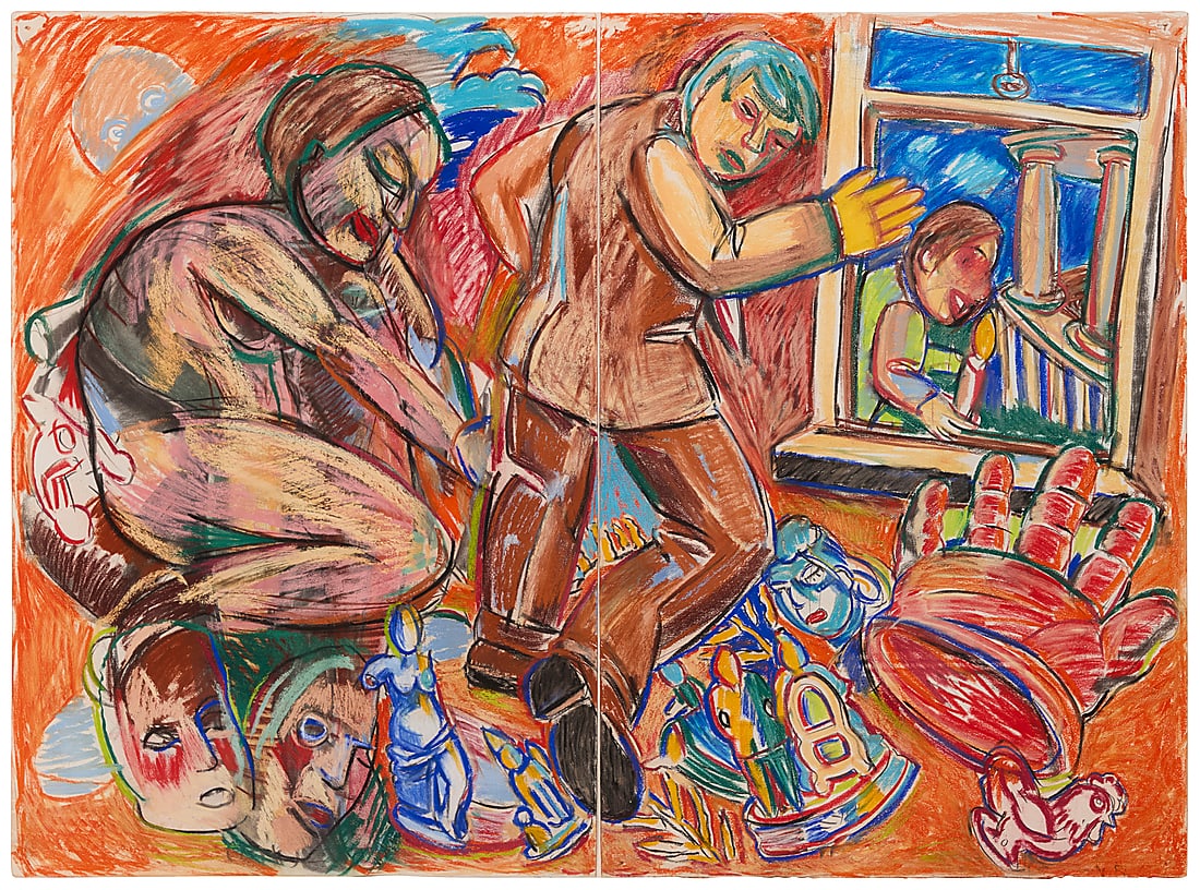 Viola Frey (1933-2004) "Untitled (Nude, Brown Suit, Orange Ground)," 1987 Pastel on two sheets: Viola Frey (1933-2004) "Untitled (Nude, Brown Suit, Orange Ground)," 1987 Pastel on two sheets of paper Signed with initials in the lower right corner of the right-hand sheet: V.F.; titled and dated o