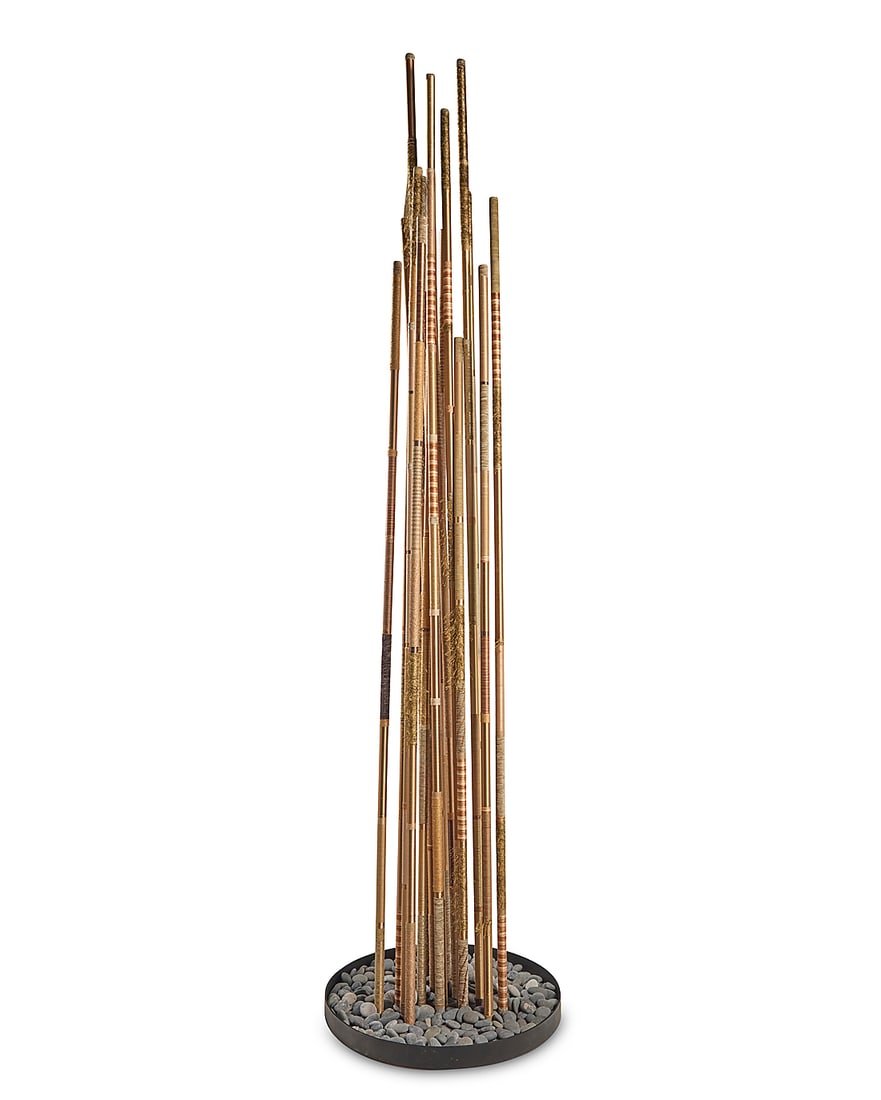 Pino Castagna (1932-2017), Bamboo style sculpture: Pino Castagna (1932-2017) Bamboo style sculpture Fabric and thread-wrapped PVC piping on an enameled metal base with natural stones Unmarked Height of base 31 in., diameter 36 1/2 in.; tallest pole