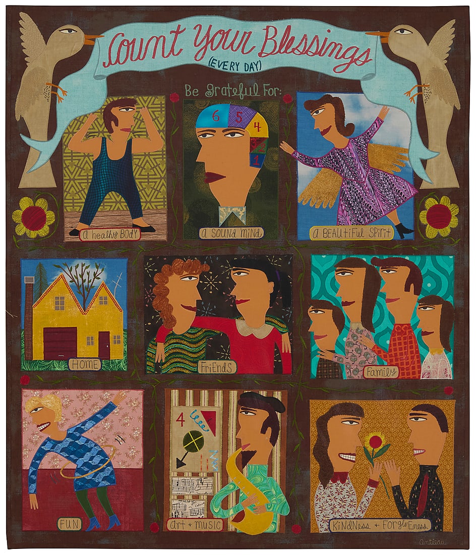 Chris Roberts Antieau (b. 1950) "Count Your Blessings," circa 2006 Mixed media fabric panel with (1 of 1)