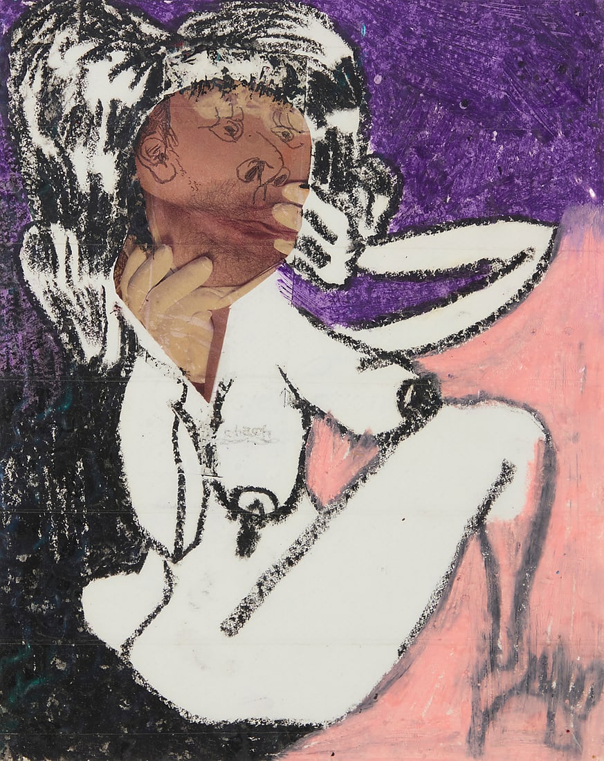 Alex Becerra (b. 1989) Figural composition Mixed media including collage, crayon, glitter, and (1 of 1)