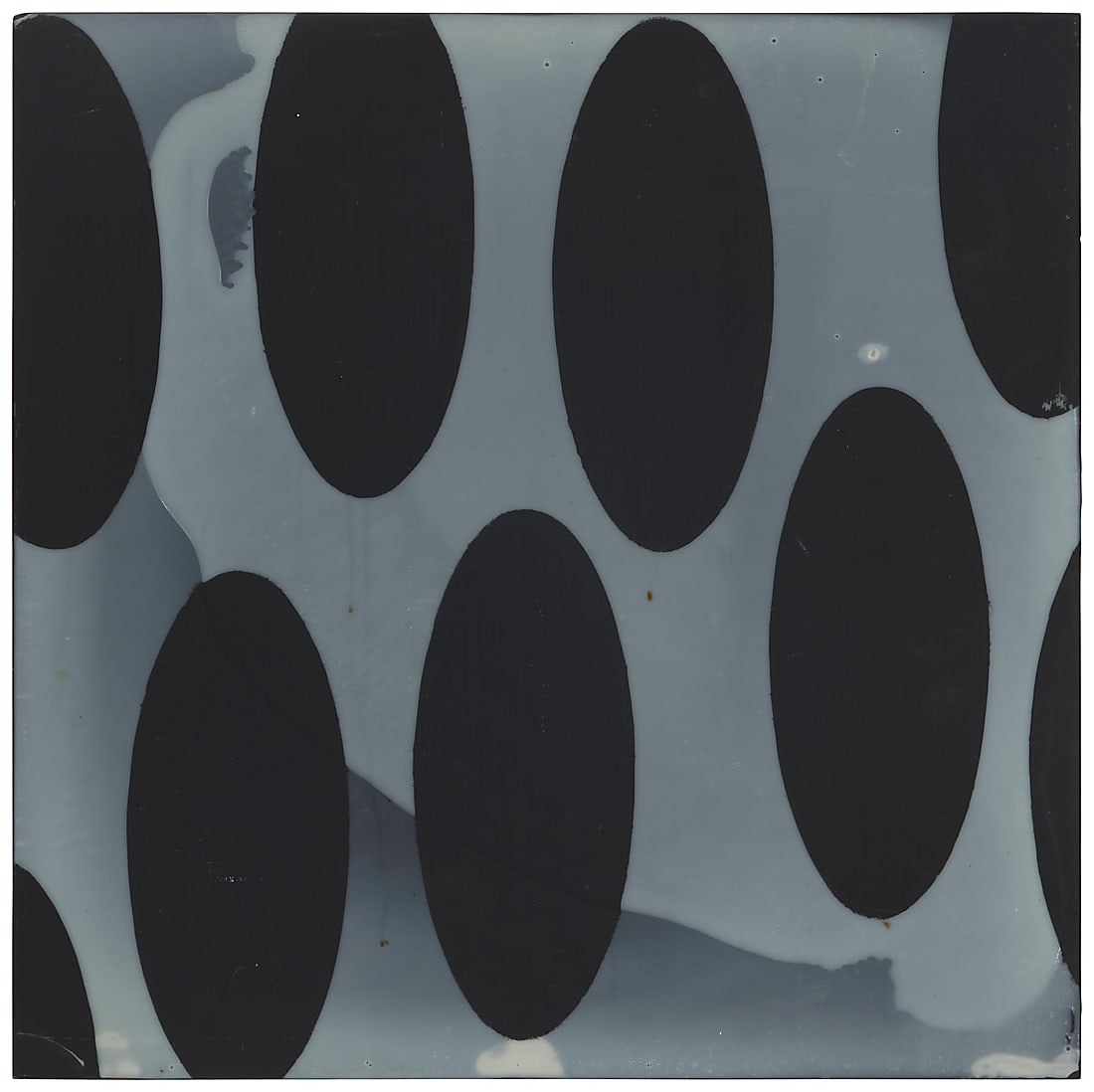 Jerold Ieans (b. 1970) Black ovals, 1995 Mixed media including oil and resin on panel Signed,: Jerold Ieans (b. 1970) Black ovals, 1995 Mixed media including oil and resin on panel Signed, titled partially indistinctly, and dated verso: Jerold Ieans / 1995 / "Black [***]" 20 x 20 in.