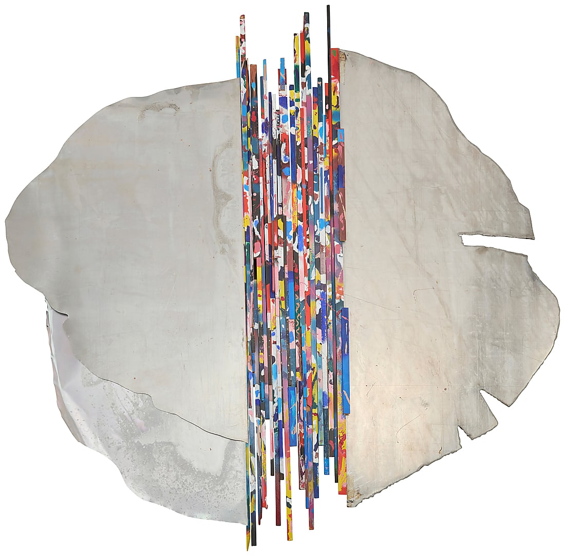 Jacqueline Dreager (1941-2017) Abstract construction Manipulated sheet metal and acrylic painted: Jacqueline Dreager (1941-2017) Abstract construction Manipulated sheet metal and acrylic painted wood slats Unmarked Height of left element 6 ft. 10 1/2 in., width 3 ft. 5 3/4 in., depth 4 in.; height