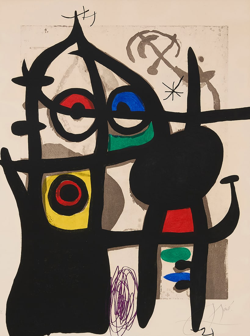 Joan Miró (1893-1983) "La Captive," 1974 Etching and aquatint in colors with carborundrum on: Joan Miró (1893-1983) "La Captive," 1974 Etching and aquatint in colors with carborundrum on wove paper An hors commerce impression, aside from the edition of 50 Signed and inscribed "H.C." in the lo