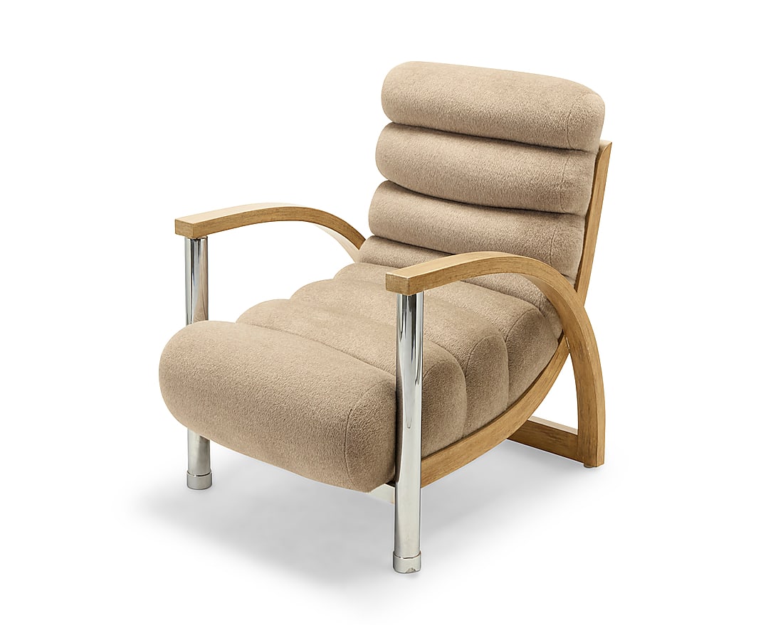 Jay Spectre (1929-1992) An 'Eclipse' lounge chair, circa 1980s Later reupholstered with Loro Piana: Jay Spectre (1929-1992) An 'Eclipse' lounge chair, circa 1980s Later reupholstered with Loro Piana alpaca/cashmere blend fabric, on a bentwood and chromed metal frame With upholsterer's fabric tag Hei