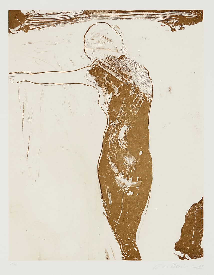 Nathan Oliveira (1928-2010) "Figure II," 2007 Sugar lift aquatint with drypoint in colors with: Nathan Oliveira (1928-2010) "Figure II," 2007 Sugar lift aquatint with drypoint in colors with gampi paper chine collé on wove paper Edition: 11/15 (there were also 10 artist's proofs) Signed, dated,