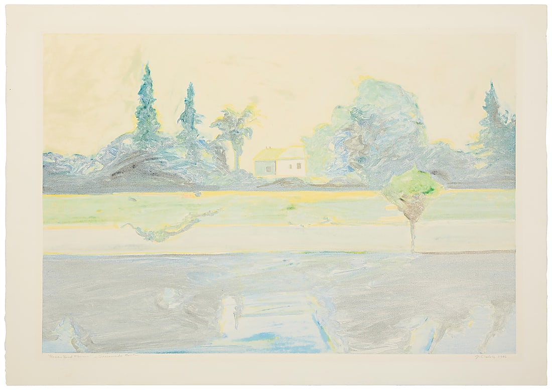 Gregory Kondos (1923-2021) "Rose Bud Farm" (Sacramento River)," 1986 Monotype in colors on: Gregory Kondos (1923-2021) "Rose Bud Farm" (Sacramento River)," 1986 Monotype in colors on Arches paper Signed, titled, and dated in pencil in the lower margin: G. Kondos 1986 Plate: 24 3/4 x 36 1/2 i