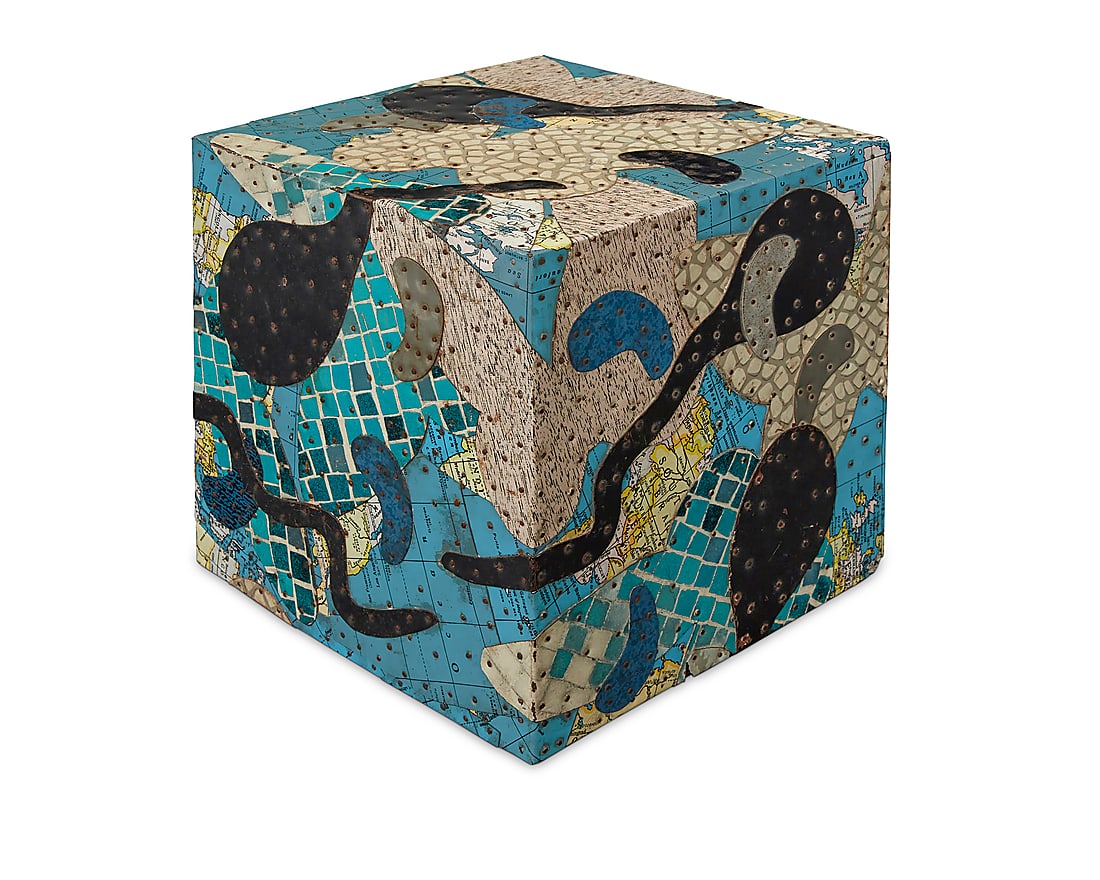 Tony Berlant (1941-1998) Untitled (Cube with map motif) Found metal collage with steel brads on: Tony Berlant (1941-1998) Untitled (Cube with map motif) Found metal collage with steel brads on wood Unmarked 8 1/8 in. cubed Provenance: Private collection, Santa Fe, NM, acquired directly from