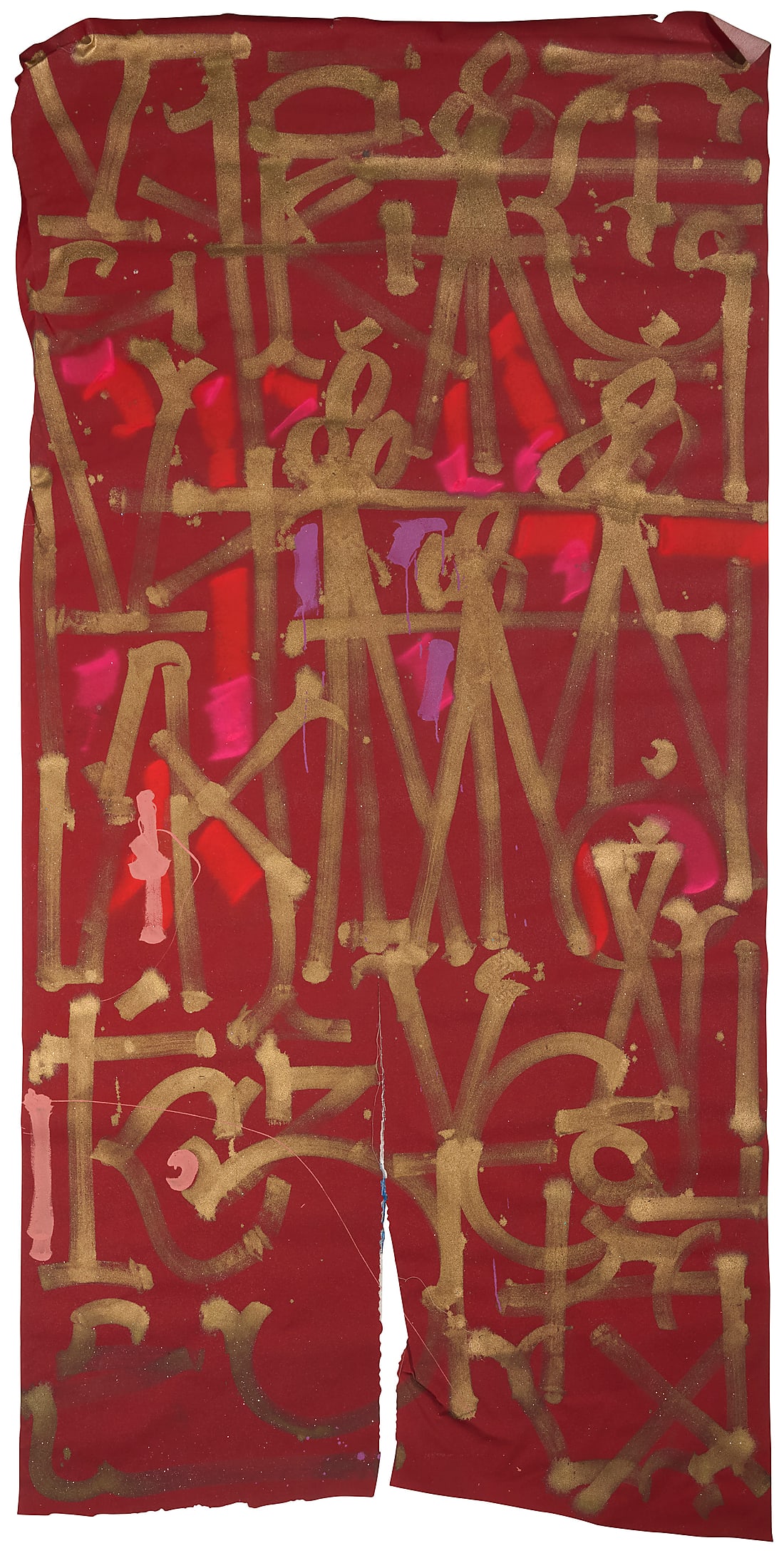 RETNA (b. 1979) Untitled Acrylic, gold paint, and glitter on fabric Appears unsigned 115 x 55 (1 of 3)