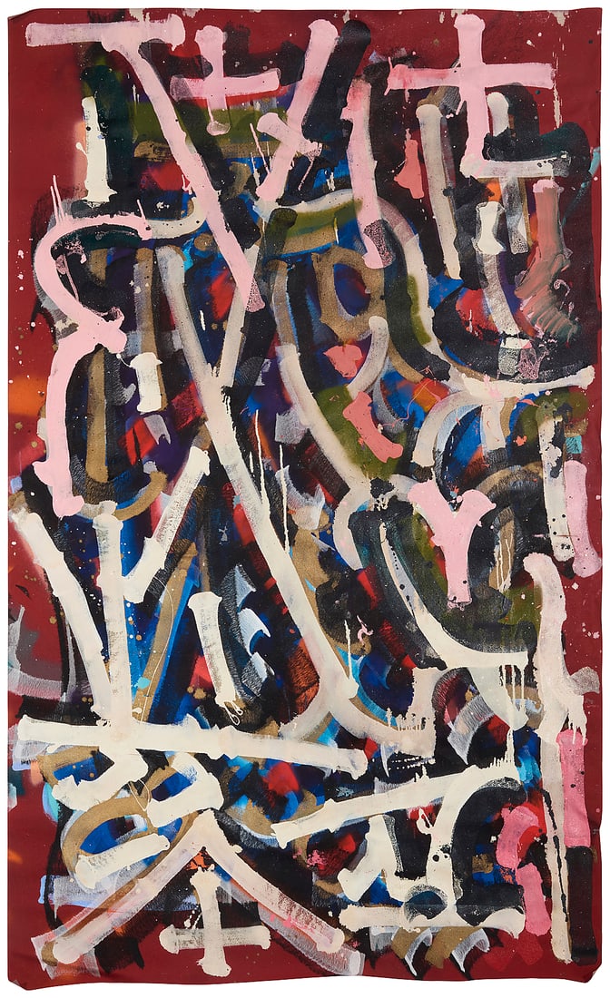 RETNA (b. 1979) Untitled Acrylic and glitter on fabric Appears unsigned 92 x 54 in. (1 of 3)