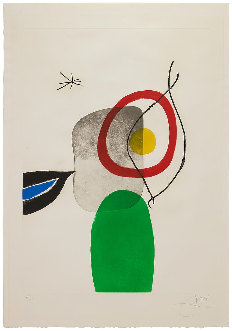 Joan Miró (1893-1983) "Tir à l'Arc," 1972 Etching, aquatint, and carborundrum in colors on: Joan Miró (1893-1983) "Tir à l'Arc," 1972 Etching, aquatint, and carborundrum in colors on Arches paper An hors commerce impression, aside from the edition of 50 Signed and inscribed "HC" in pencil 