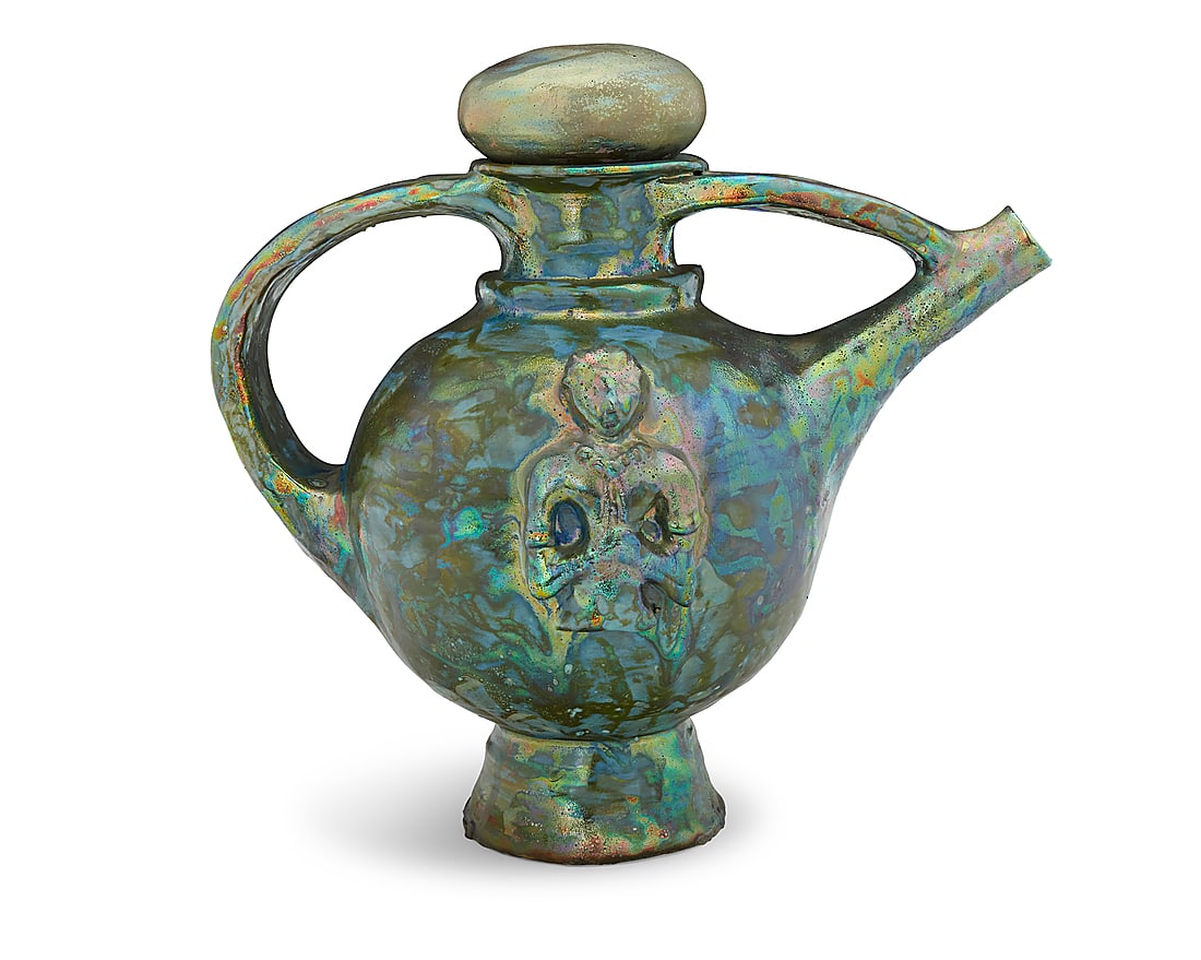 Beatrice Wood (1893-1998) A lustre glazed earthenware ewer, 1989 With stopper, the body molded (1 of 8)