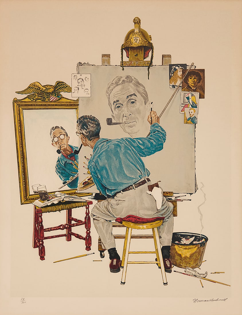 After Norman Rockwell (1894-1978) "Triple Self-Portrait" Lithograph in colors on Arches paper: After Norman Rockwell (1894-1978) "Triple Self-Portrait" Lithograph in colors on Arches paper Edition: 39/200 Bears signature and numbering in pencil in the lower margin; Eleanor Ettinger Inc., New Yo