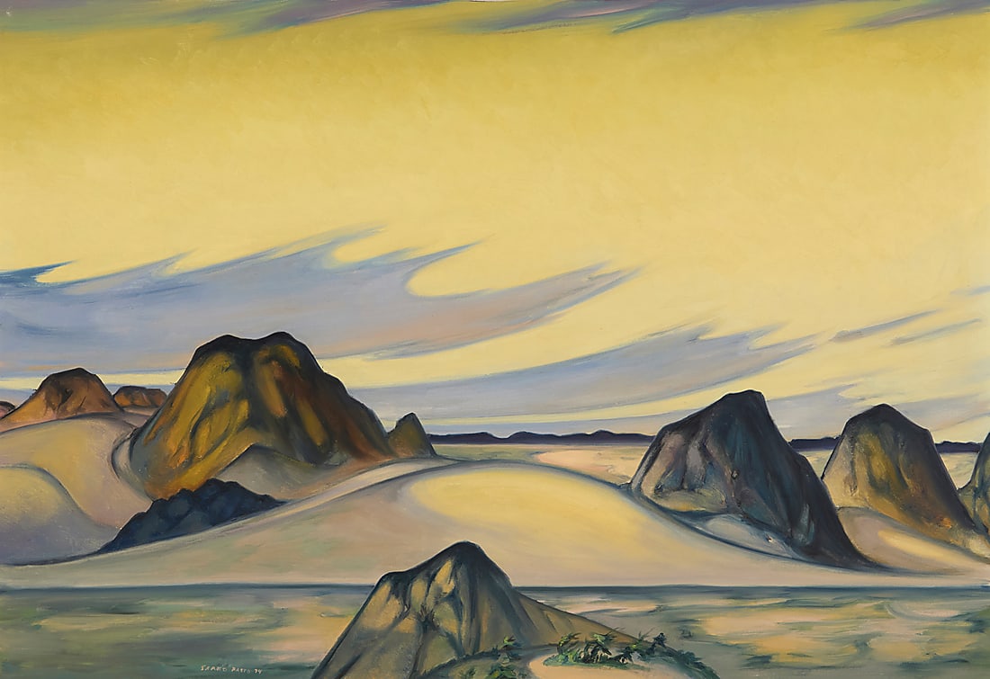Tarmo Pasto (1906-1986), "Mts with Sand Dunes," 1974: Tarmo Pasto (1906-1986) "Mts with Sand Dunes," 1974 Oil on canvas Signed and dated lower left: Tarmo Pasto 74; titled in pencil on the frame's verso 32 x 46 in. Provenance: Estate of the artist<