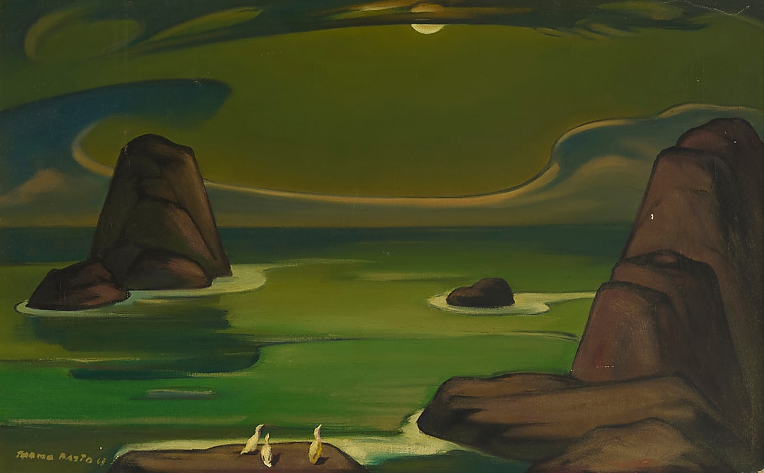 Tarmo Pasto (1906-1986), "Moonlit Sea," 1965: Tarmo Pasto (1906-1986) "Moonlit Sea," 1965 Oil on canvas Signed and dated lower left: Tarmo Pasto '65; signed "T. Pasto," titled, and inscribed with the artist's address, all in pencil on the frame's