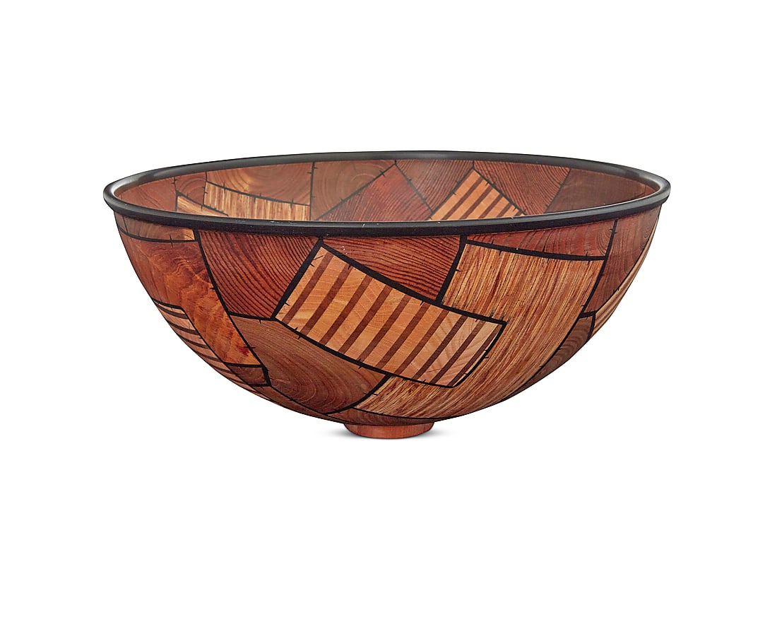Gianfranco Angelino (1938-2010) A patchwork wood bowl, 1990s Pine, yew, Tree of Heaven, larch (1 of 6)