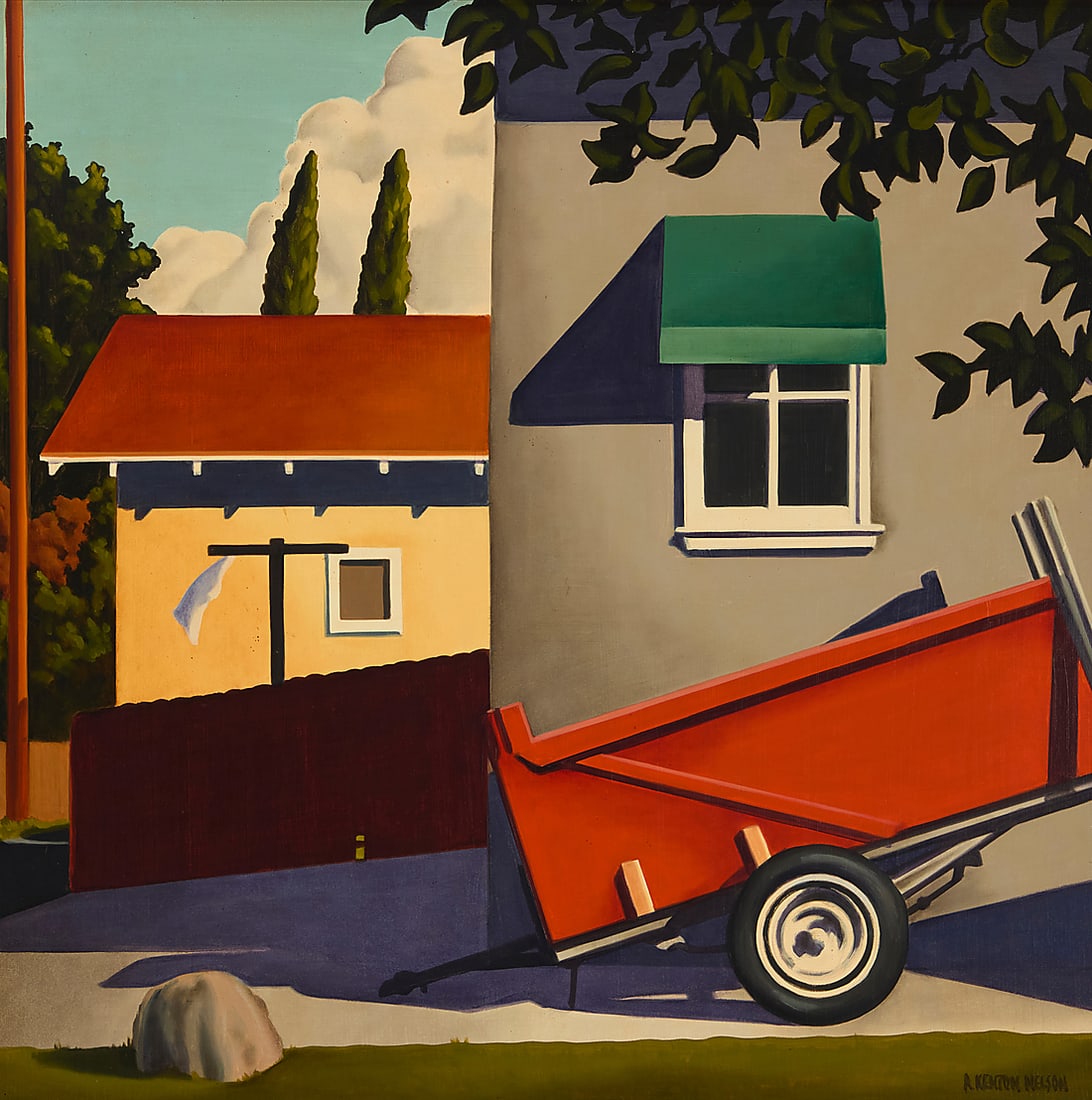 R. Kenton Nelson (b. 1954) "The Scarlet Moving Van" Oil on Masonite Signed lower right: R. (1 of 6)