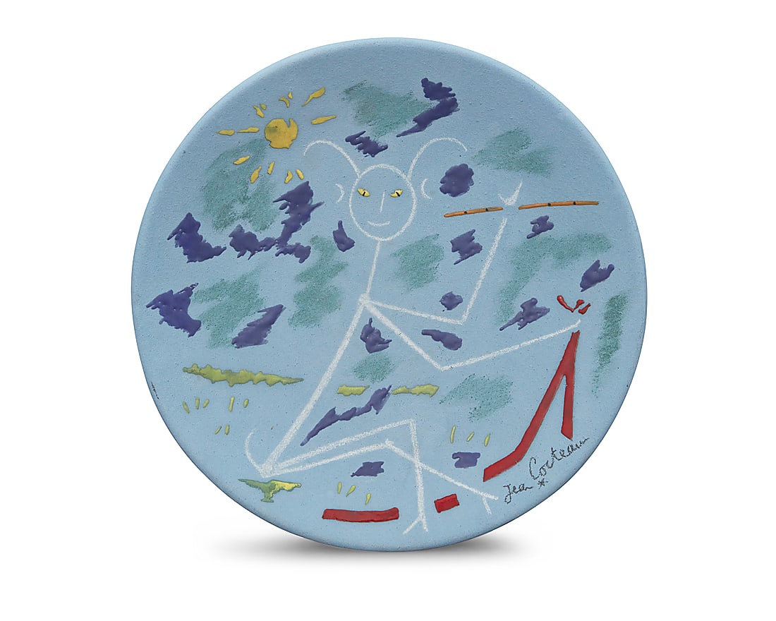 Jean Cocteau (1889-1963) "Petit Faune joyeux sur bleu," conceived 1961 Partially glazed white (1 of 5)