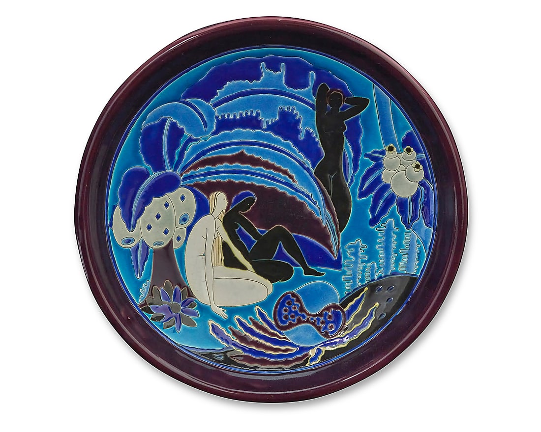 A Longwy 'Tropical Fantasy' charger for Atelier Primavera Circa 1920s With factory stamp to (1 of 3)