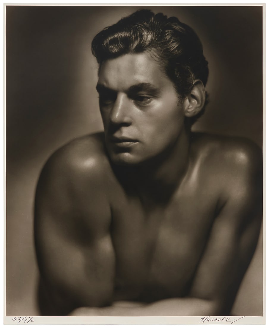 George Hurrell (1904-1992) "Johnny Weissmuller," one plate from "Portfolio II," 1930-1946: George Hurrell (1904-1992) "Johnny Weissmuller," one plate from "Portfolio II," 1930-1946 Gelatin silver print on Agfa Portriga Rapid Double Weight paper #118 Edition 53/190, printed 1979 Signed and n