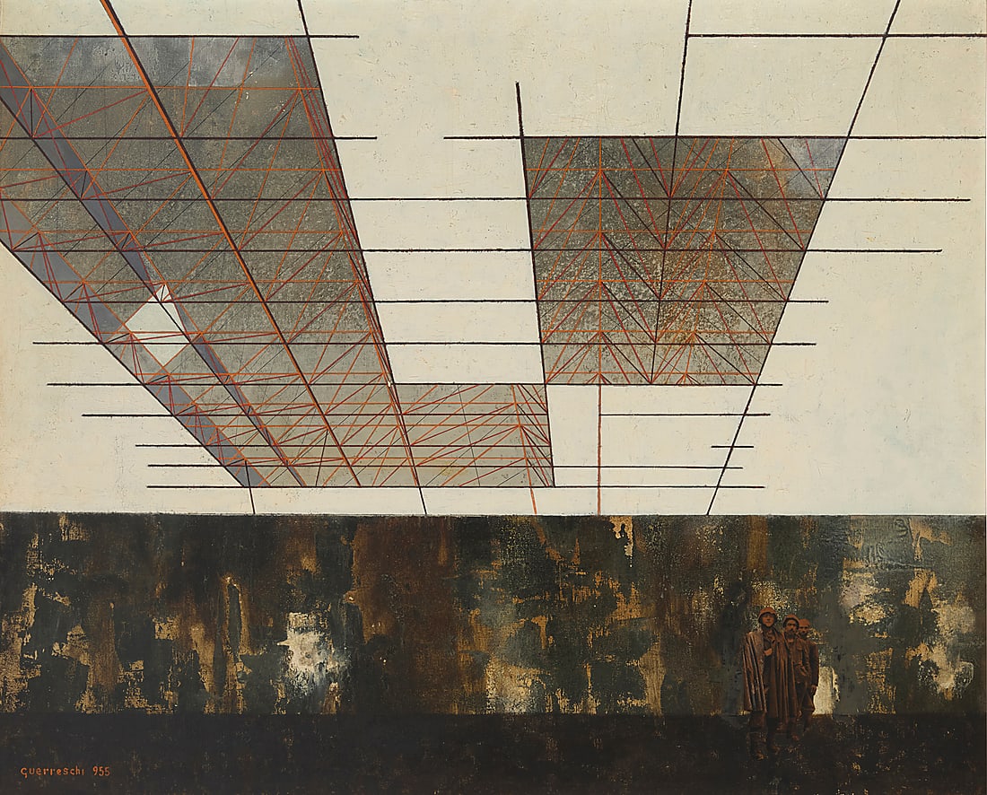 Giuseppe Guerreschi (1929-1985) "Uomini e struttura," 1955 Oil and collage on canvas Signed and (1 of 6)