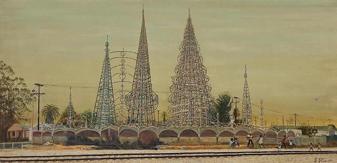 Gloria Stuart (1910-2010) Watts Towers, circa 1960s Oil on canvas Signed lower left: G Stuart 24: Gloria Stuart (1910-2010) Watts Towers, circa 1960s Oil on canvas Signed lower left: G Stuart 24 x 50 1/2 in. Other Notes: There is a similar painting titled "Watts Towers I," 1961, depicting an