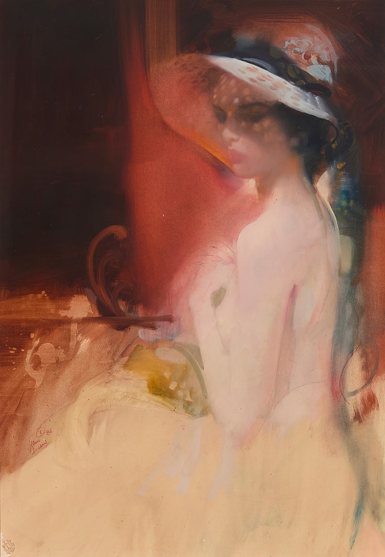 Pino Daeni (1939-2010) Seated woman in a hat, 1986 Oil, watercolor, and pencil on board Signed: Pino Daeni (1939-2010) Seated woman in a hat, 1986 Oil, watercolor, and pencil on board Signed and dated lower left: Pino / Daeni / © 86 28 3/4 x 20 in. Provenance: Knowles Gallery, La Jolla, CA