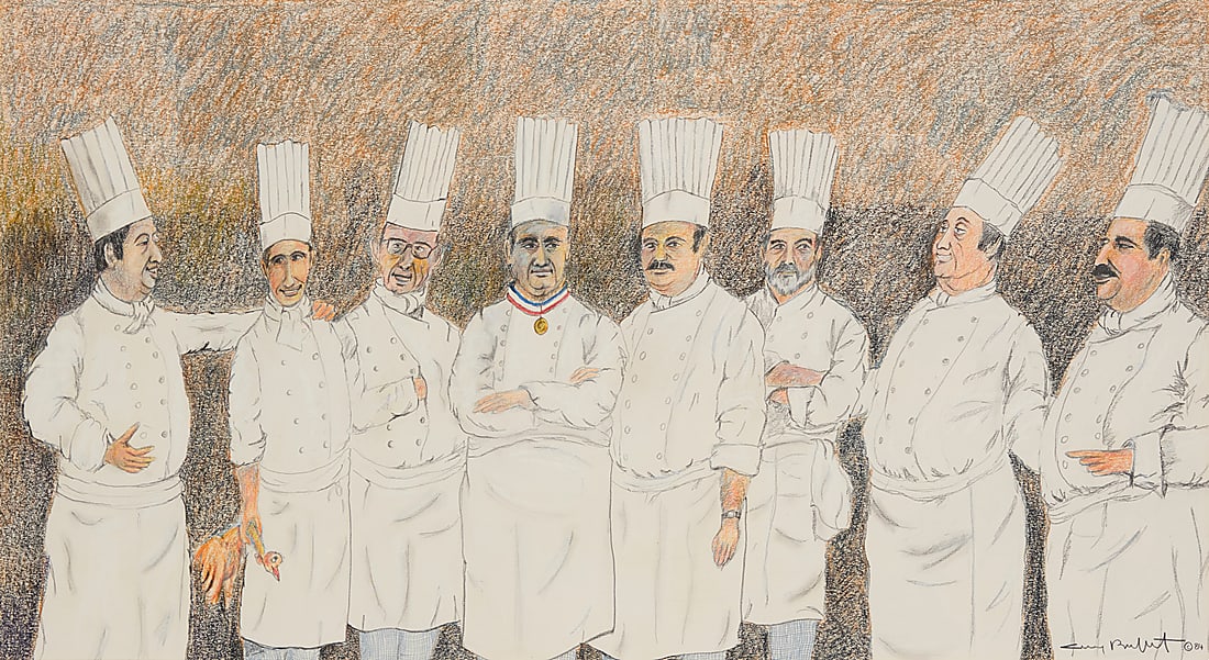 Guy Buffet (1943-2023) "Great Chefs of Paris," 1984 Graphite and pastel on paper Signed and: Guy Buffet (1943-2023) "Great Chefs of Paris," 1984 Graphite and pastel on paper Signed and dated lower right: Guy Buffet © 84; titled in pencil, in another hand, on the frame's backing paper Sight: 