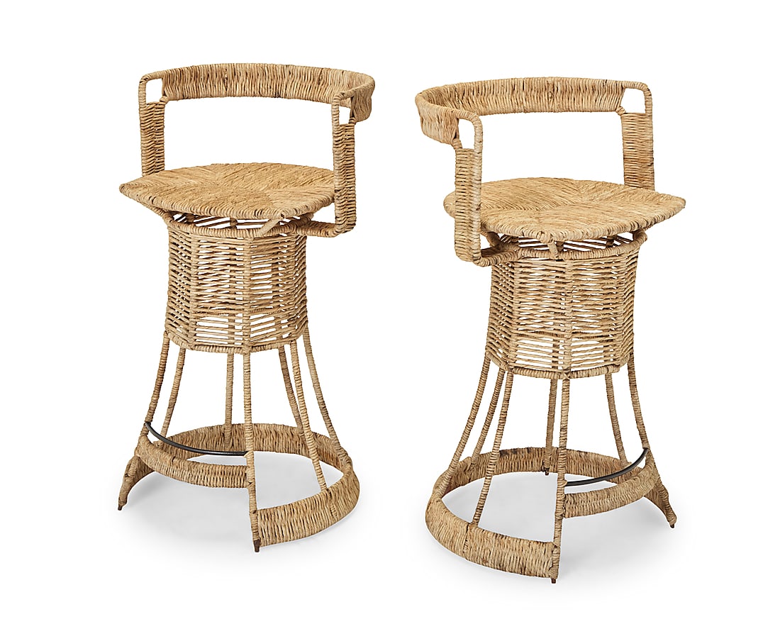 Roger Coster (active 20th Century) A pair of Modern rush and wrought metal barstools, 1970s With (1 of 8)