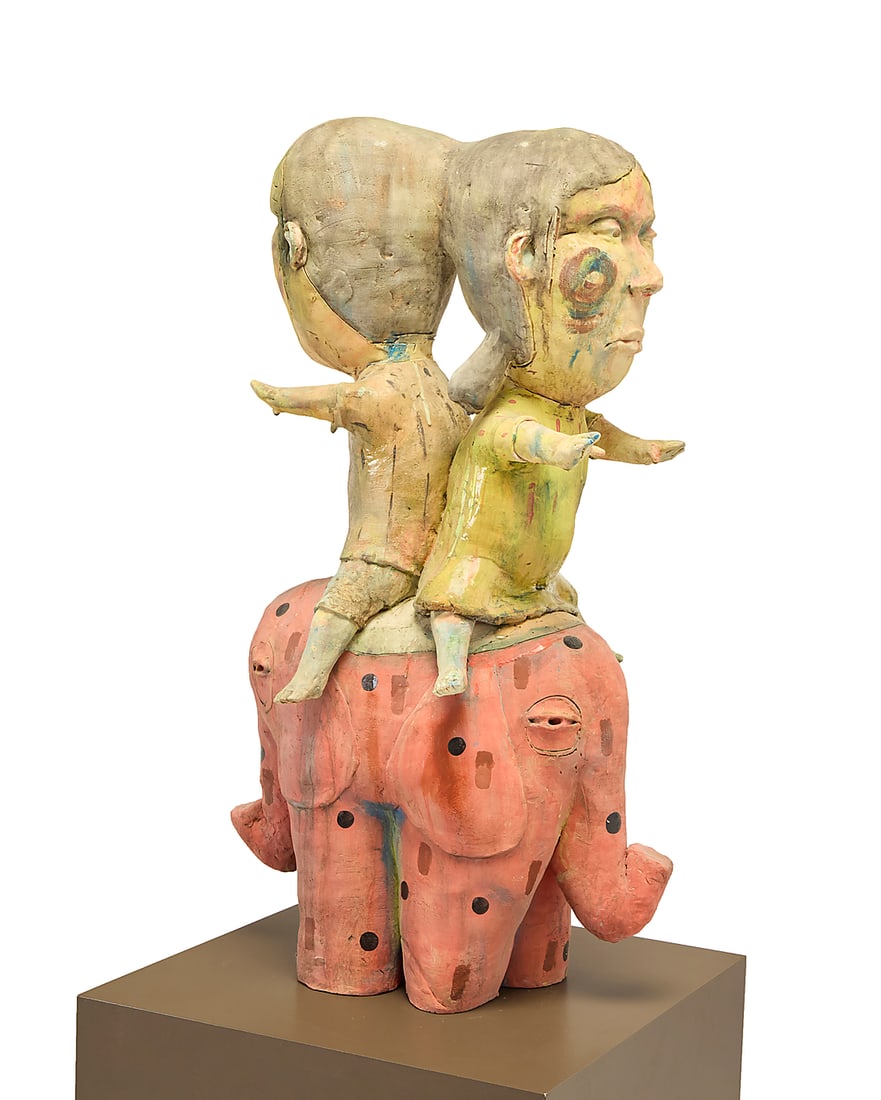 Kensuke Yamada (b. 1979) "Separating Ways in One Stream" Glazed stoneware on associated: Kensuke Yamada (b. 1979) "Separating Ways in One Stream" Glazed stoneware on associated laminated wood plinth Appears unmarked Height 34 1/4 in., width 18 1/2 in., depth 13 3/4 in.; height of plinth 3