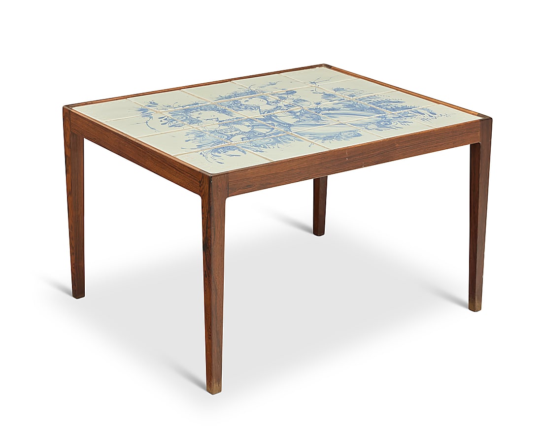 Bjørn Wiinblad (1918-2006) A tile-top coffee table, 1969 The blue on white glazed tiles depicting (1 of 7)