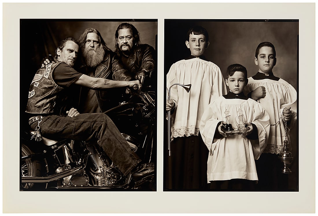 Mark Laita (b. 1960), "Bikers / Altar Boys," diptych from the "Created Equal" series, 2004-2005: Mark Laita (b. 1960) "Bikers / Altar Boys," diptych from the "Created Equal" series, 2004-2005 Archival pigment print on paper mounted to acrylic sheeting Edition: 6/20 Signed, titled, dated, numbered