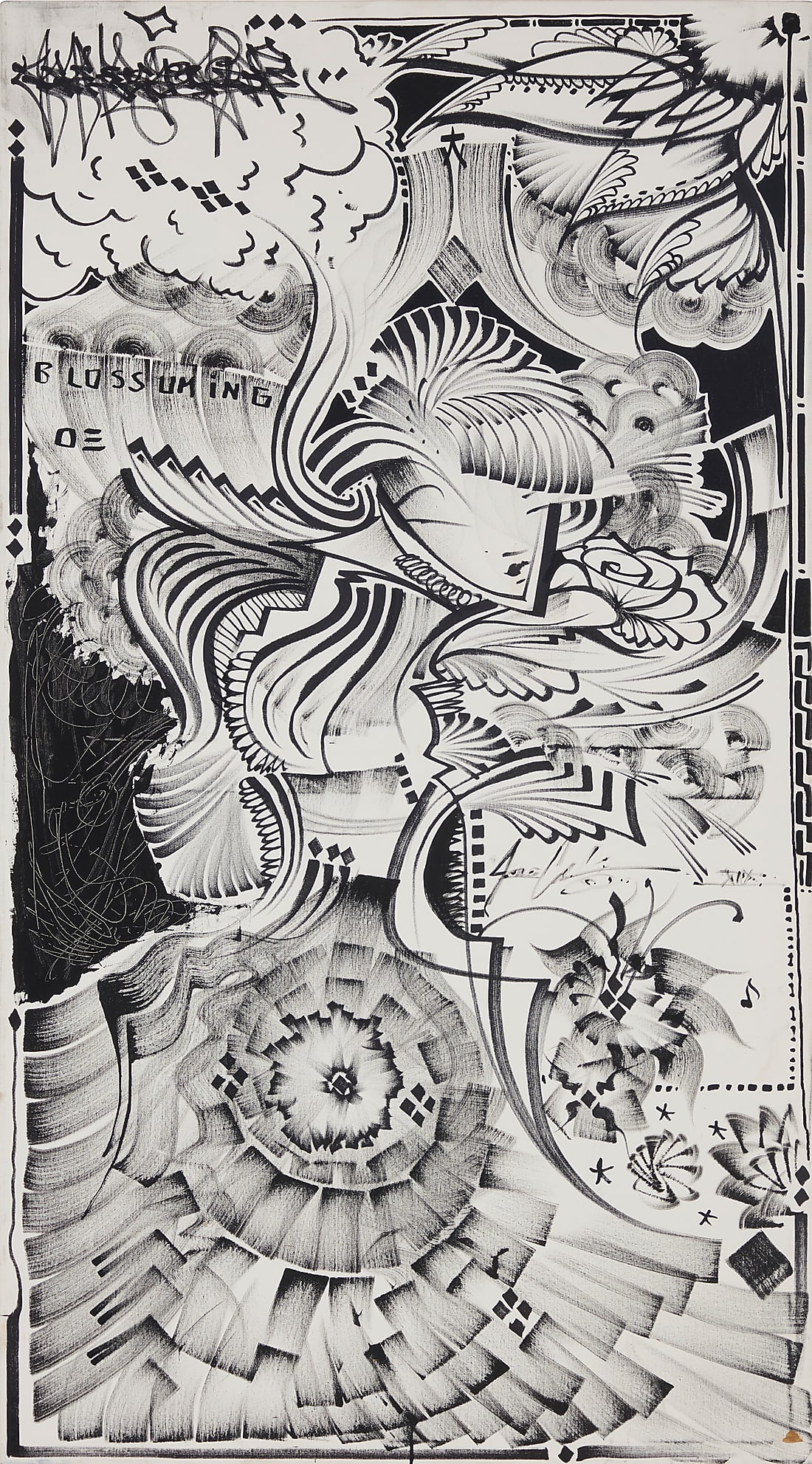 Jona Cerwinske (20th/21st Century), "Blossoming," 2019: Jona Cerwinske (20th/21st Century) "Blossoming," 2019 Ink on canvas Signed and dated near the center of the right edge: Jona Cerwinske XIX; titled upper left 62 x 34 1/4 in.