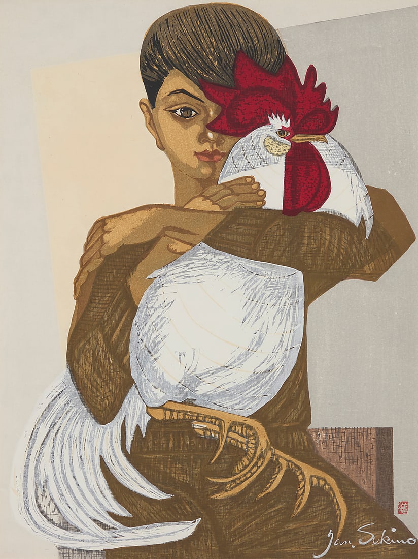 Sekino Jun'ichiro (1914-1988) "Shiroi niwatori (White Rooster)," 1956 Woodcut in colors on (1 of 8)