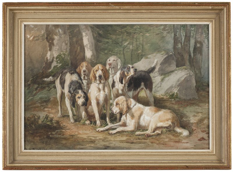 Jules Bertrand Gelibert (1934-1916 French): Hunting dogs, signed and dated lower left: Jules Gelibert 1869, watercolor on paper under glass, 13.5'' H x 19.5'' W, est: $1000/2000