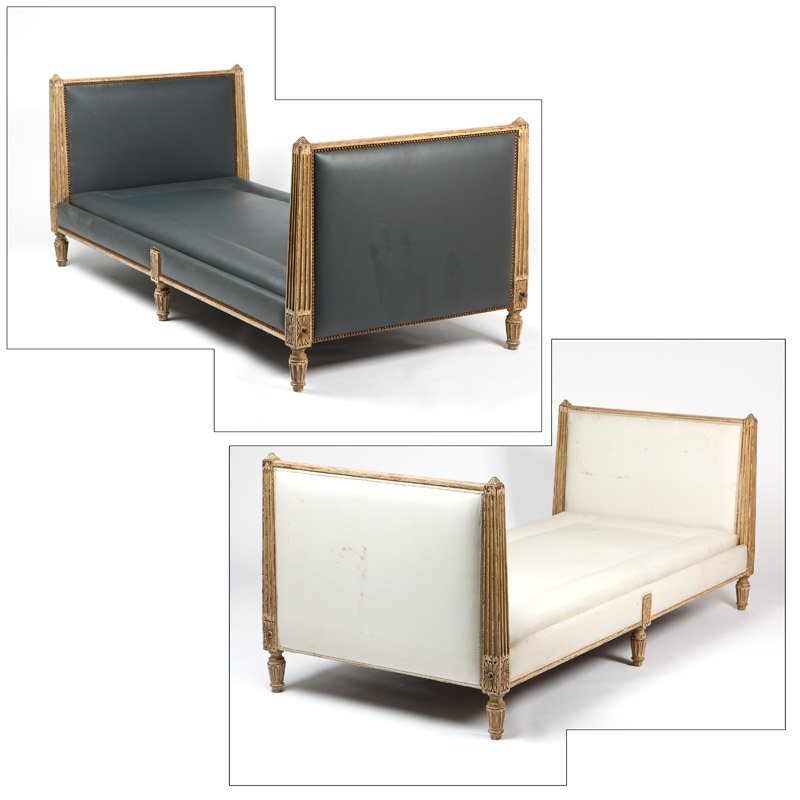 Pair Louis XVI style painted wood day beds: Early 20th century, the carved frames inset with padded panels, one covered in close-nailed dark grey vinyl, the other with passementerie-trimmed taupe fabric, 2 pcs, each 33'' H x 37.5'' W x 78'' D, 