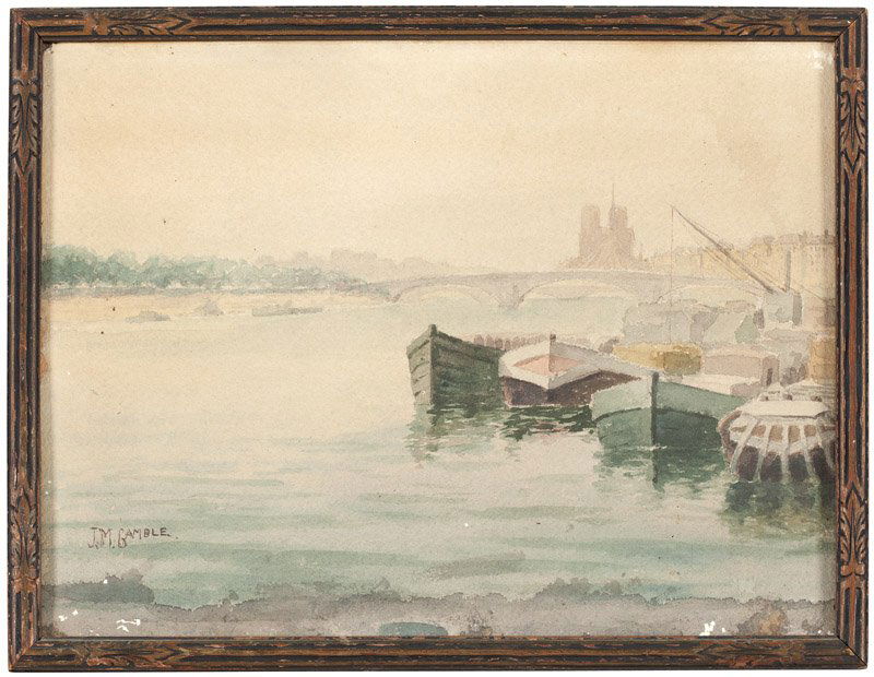 John Marshall Gamble (1863-1957 Santa Barbara, CA): Boats in a dock, signed lower left: J.M. Gamble, watercolor on paper laid to board under glass, 9'' H x 12'' W, est: $500/700