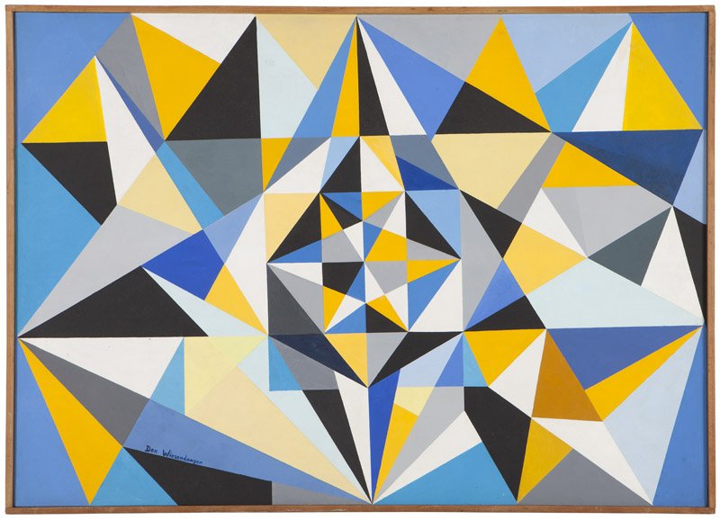 Dan Wiesendanger (1915-1996 Los Angeles, CA): ''Indian Blanket, Triangles No. 4'', or ''Breakdown of a Star'', signed lower left: Dan Wiesendanger, signed again, titled and dated verso, signed and titled again on the cross-stretcher bar, oil on c