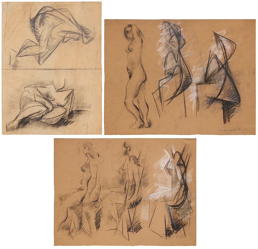 Hans Burkhardt (1904-1994): Hans Burkhardt (1904-1994) Three works: Two figures, 1944 Charcoal on brown paper Signed and dated in pencil: H. Burkhardt / 1944, and with the artists embossed monogram, all lower right Sheet: 20 1/4