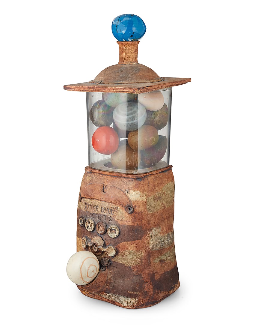 Robert Richards (20th Century), "Stone Gumball Machine 2," 1974: Robert Richards (20th Century) "Stone Gumball Machine 2," 1974 Glazed and unglazed stoneware and plastic Incised signature and date to underside: Robert Richards; impressed title recto Height 29 1/2 i
