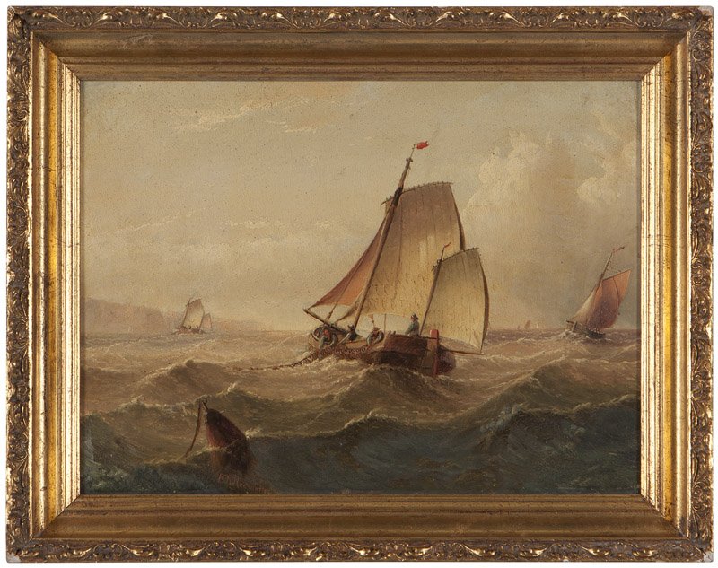 Edward King Redmore (1860-1941 British): Fishermen on a sailing ship bringing in the nets, signed lower left: E.K. Redmore, oil on board, 14.25'' H x 18'' W, est: $1000/1500