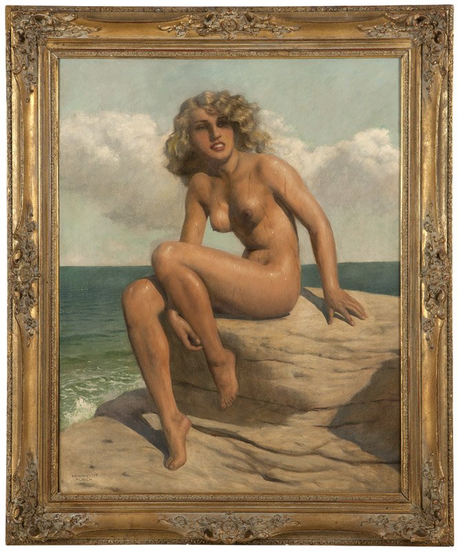 Marcel Renee Von Herrfeldt (1890-1965 French): Nude woman by the sea, signed and inscribed lower left: Herrfeldt Munich, oil on canvas, 39.5'' H x 31.5'' W, est: $4000/6000