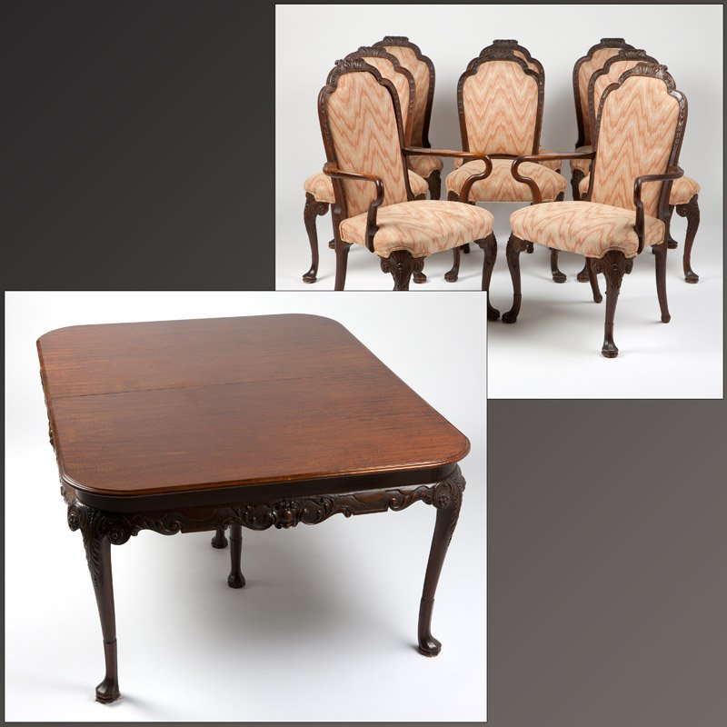 A Berkey & Gay carved walnut dining suite: Late 19th / early 20th century, comprising: a table (excluding leaves 30.5'' H x 65.5'' W x 52'' D), three leaves (11'' W x 52'' D), two armchairs (41.5'' H x 26'' W x 17.5'' D), and six side chairs (
