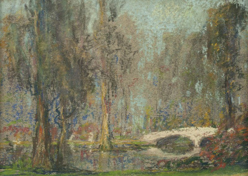 William Posey Silva (1859-1948 Carmel, CA): Bridge in a landscape, appears unsigned, pastel on grey paper under Plexiglass, sight size: 4.75'' H x 6.75'' W, est: $600/800