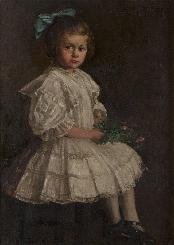 Theodore Wores (1859-1939 San Francisco, CA): ''Aileen'', signed lower left: Theodore Wores, titled upper right, signed again, inscribed and dated verso: Portrait of Aileen Day Bauer. Painted by her Uncle Theodore Wores 1909, oil on canvas, 35'' 