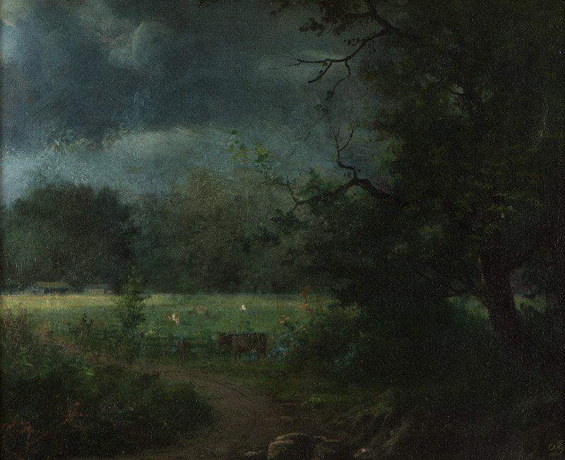 David D.J. Johnson (1827-1908 New York, NY): Cattle in pastoral landscape, signed with artist's monogram lower right: DJ, oil on canvas laid to board, 11.5'' H x 14'' W, est: $3000/5000