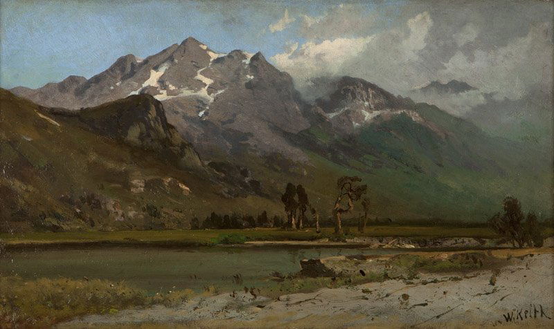 William Keith (1838-1911 Berkeley, CA): ''Mountain with SnowRift'', signed lower right: W. Keith, titled verso, oil on canvas laid to board, 11.5'' H x 19.5'' W, est: $10,000/15,000 Note: Brother Cornelius was William Keith's biographer.