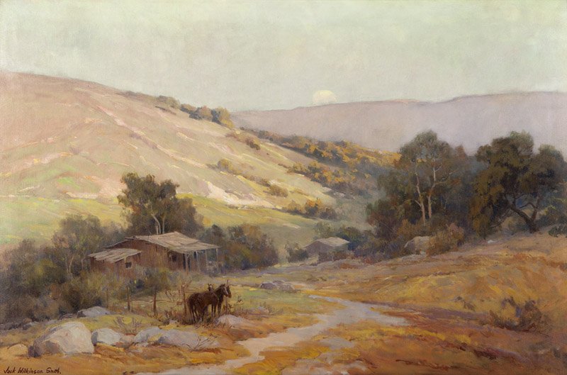 Jack Wilkinson Smith (1873-1949 Alhambra, CA): Horses tied near a homesteader's cabin in an extensive California landscape, signed lower left: Jack Wilkinson Smith., numbered on a gum label affixed to the frame: 6, oil on canvas laid to canvas, 33